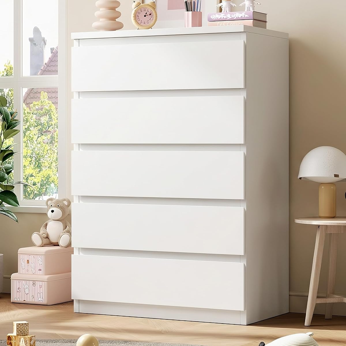 5 Drawer Dresser for Bedroom, White Dresser Chest of Drawers, Tall Dressers for Bedroom with Handleless Drawers, 15" D x 23.7" W x 40.4" H Storage Dressers for Living Room, Hallway and Entryway-White