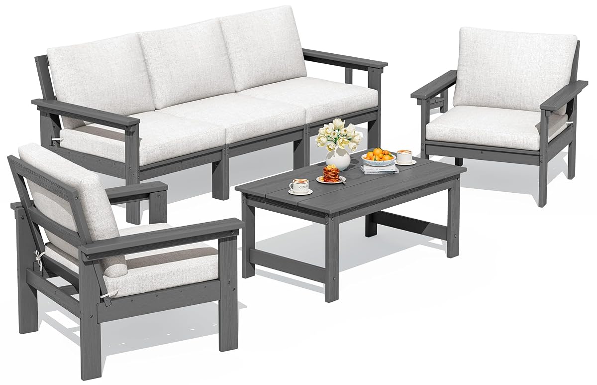 HDPE Outdoor Patio Furniture Set with Coffee Table - Modern/Contemporary