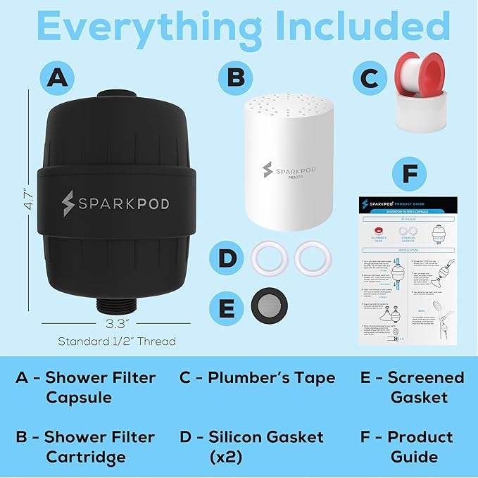 SparkPod 23 Stage Shower Head Filter for Dry Hair and Skin - High Output Universal Shower Filters to Remove Toxic Chemicals, Chlorine & Heavy Metals (Midnight Black Matte)
