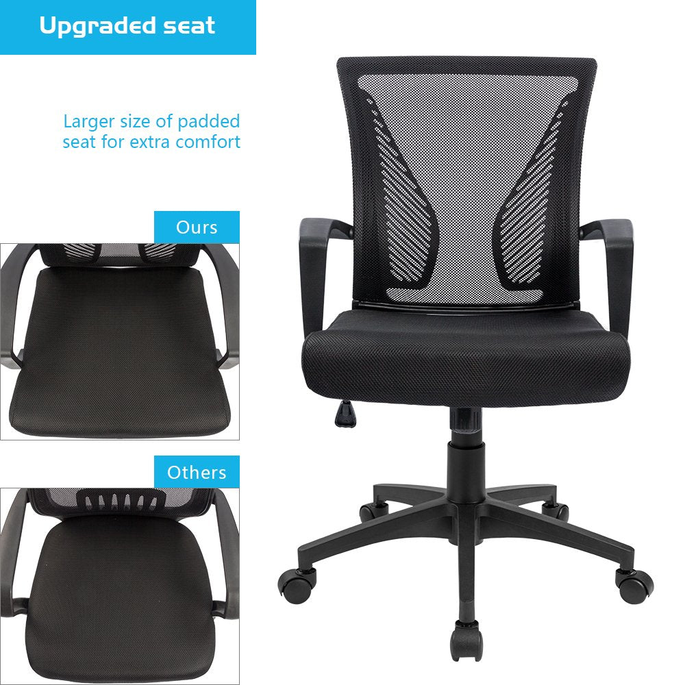 Office Chair Ergonomic Computer Desk Mesh Chair Mid Back Swivel Lumbar Support with Armrest (1, Black)