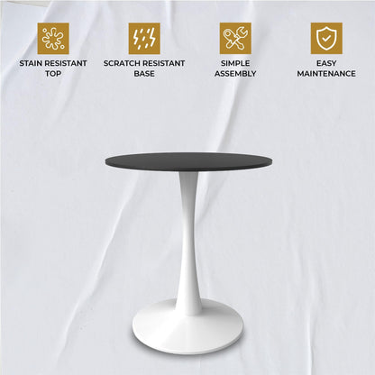 24" Wide Round Dining Table, Modern MDF Wood Top & White Metal Pedestal Base Gloss Finish Accent Table Mid-Century Café Table, Kitchen Dining Room Furniture, Black