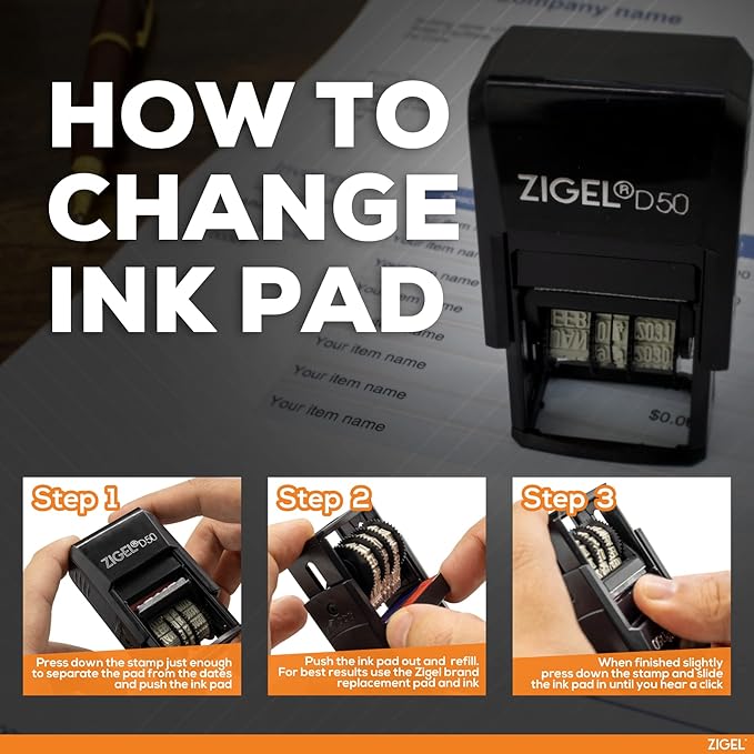 ZIGEL D50 Date Stamp with Posted - Self Inking Date Stamp - Black