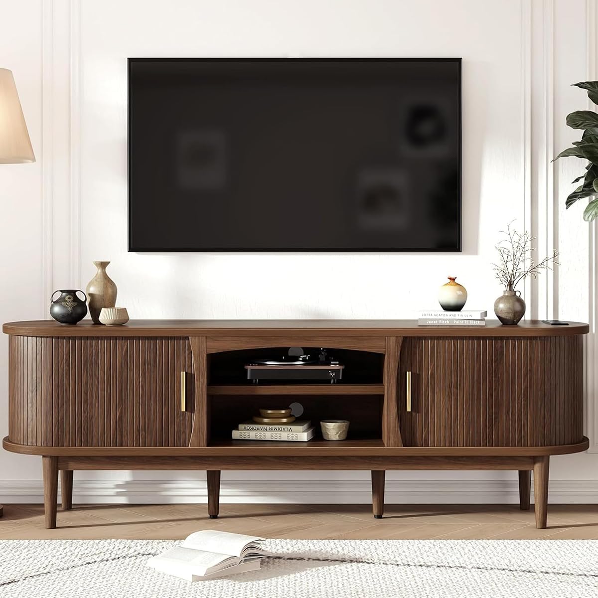 Mid Century TV Stand for TVs up to 65 Inches, Entertainment Center with Storage, Power Outlet, Fluted Sliding Doors & Adjustable Shelves, Modern Media TV Console Table for Living Room (Walnut)