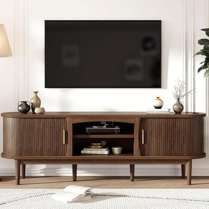 Mid Century TV Stand for TVs up to 65 Inches, Entertainment Center with Storage, Power Outlet, Fluted Sliding Doors & Adjustable Shelves, Modern Media TV Console Table for Living Room (Walnut)