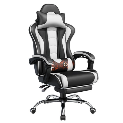 Gaming Chair with Electric Massage Lumbar Support, Footrest & Headrest — Ergonomic High Back Recliner for Home Office, Computer Desk Chair, Height Adjustable, 300 lbs, Black/White
