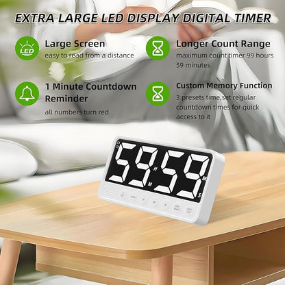 PULIVIA Extra-Large Display Digital Kitchen Timer with 7.4” LED Screen, 6 Alarms & 4 Volume Levels, 3 Memory Presets, Magnetic Stand Rechargeable Count Down/Up Timer for Cooking Home Gym, White
