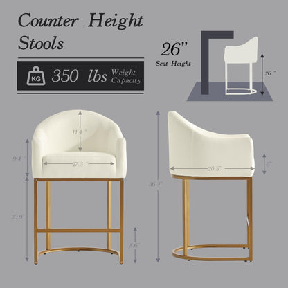 Counter Height Bar Stools Set of 2,Modern Counter Height Bar Stools,Fabric Upholstered Barrel Barstools with Backs,26'' Kitchen Island Chairs,Metal Gold Frames,Off White Linen