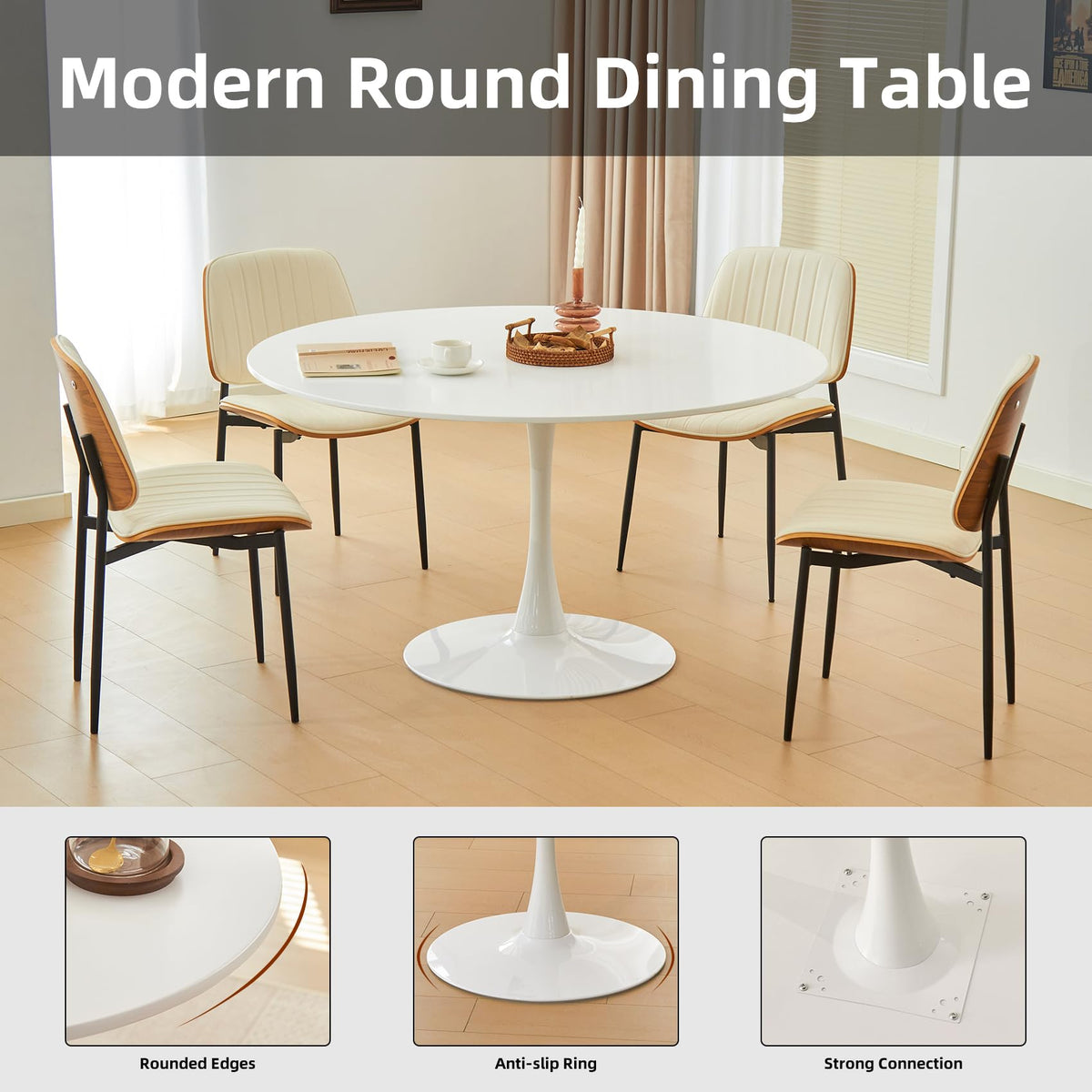 43.5" Tulip Table, Round Dining Table with Thickened Tabletop & Metal Pedestal, Mid Century Modern Bistro Circle Table for Kitchen, Small Places, Living Room, Cafe (White)