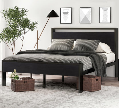 Full Size Bed Frame, Wooden Headboard and Footboard, Black Oak | Rounded Corners, 12 Metal Slats, Noise-Free Design, 12-Inch Storage, No Box Spring, 40-Minute Assembly