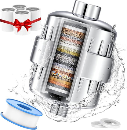 Shower Head Filter for Hard Water - 24 Stage Shower Filter Shower Water Filter with 4 Replaceable Filter Cartridges Protects Your Skin and Hair from Chlorine and Heavy Metals in Water, Chrome