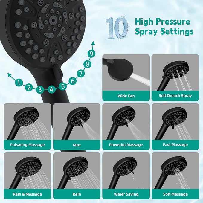 Hibbent High Pressure 10-mode Shower Head, Filtered Handheld Showerhead with Adjustable Brass Joint Holder, 71" Metal Hose, Improve Skin & Hair, Built-in Power Wash to Clean Tub & Pets, Black