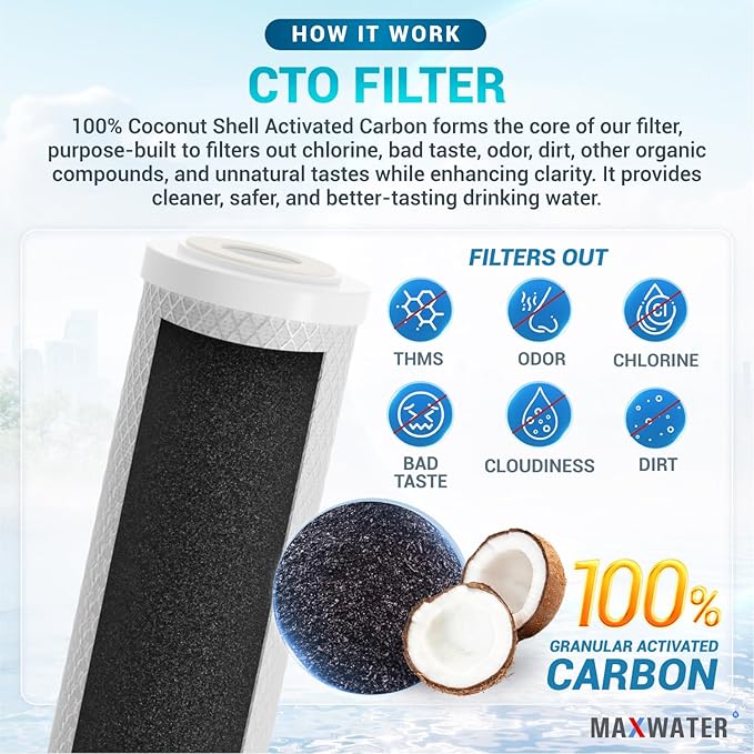 Max Water 5 Micron Replacement Water Filter Set 10” x 2.5” Sediment & Carbon Block (PP + CTO), 10 Pack