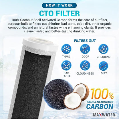 Max Water 5 Micron Replacement Water Filter Set 10” x 2.5” Sediment & Carbon Block (PP + CTO), 10 Pack