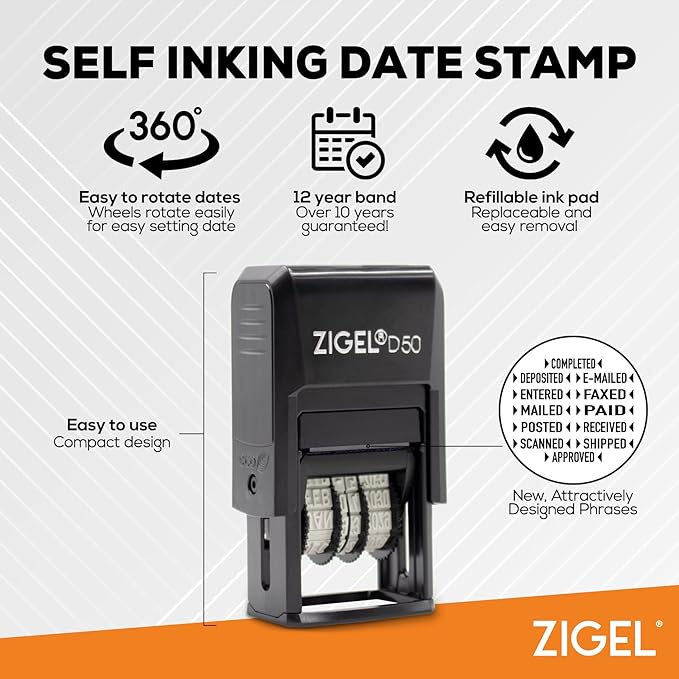 ZIGEL D50 Date Stamp with Posted - Self Inking Date Stamp - Black