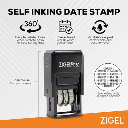 ZIGEL D50 Date Stamp with Posted - Self Inking Date Stamp - Black