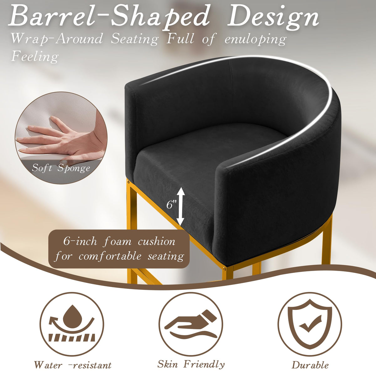 Modern Counter Height Bar Stools,Bar Stools Set of 4,Velvet Fabric Upholstered Barrel Barstools with Backs,26'' Kitchen Island Chairs,Metal Gold Frames,Ink Black Velvet