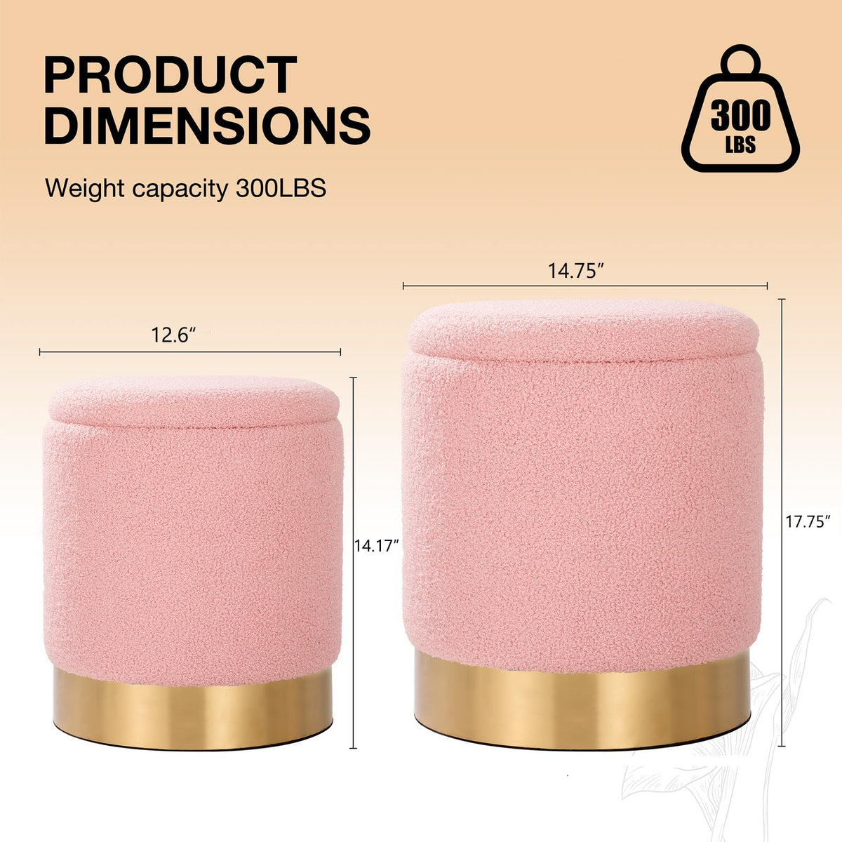 Sherpa Round Ottoman Set of 2 with Storage, 12 Gallon Hidden Storage Ottoman, Multi-Functional Footrest Stool, Vanity Seat, Coffee Table, No Assembly Required, Holds 300lbs (Teddy Pink)