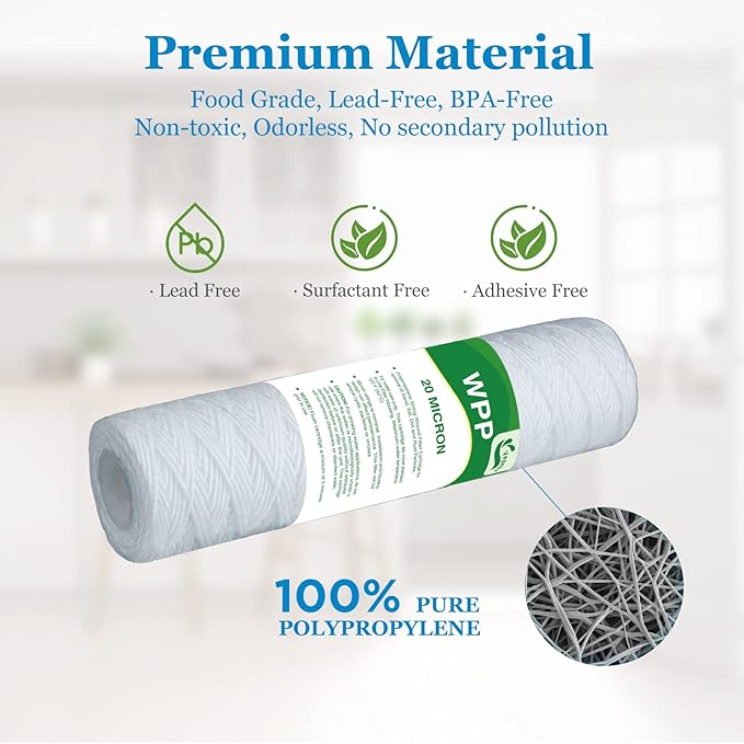 20 Micron String Wound Whole House Water Filter 10" x 2.5", 10-inch Universal Sediment Pre-Filters for Well Water, Replacement Cartridge for FXWSC, CW-F, CW-MF, 1SS, W5W, AO-WH-PRE-R2, 6-Pack