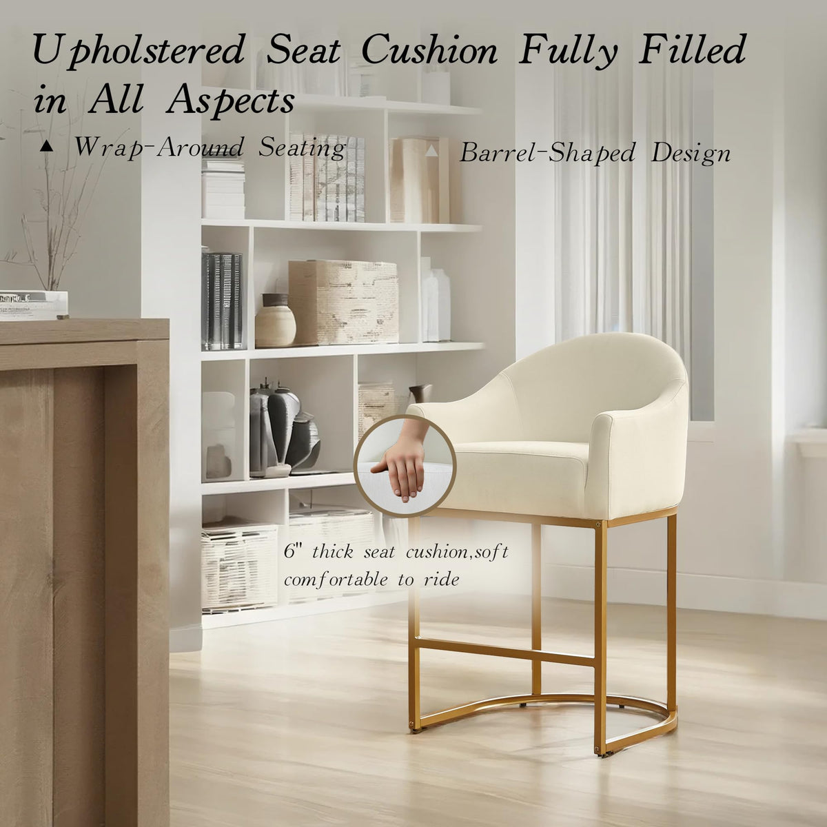 Counter Height Bar Stools Set of 2,Modern Counter Height Bar Stools,Fabric Upholstered Barrel Barstools with Backs,26'' Kitchen Island Chairs,Metal Gold Frames,Off White Linen