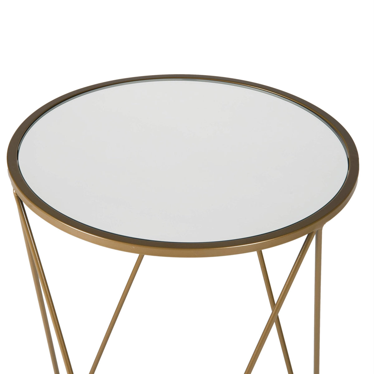 Metal Accent Table Triangle Base Round Mirror Top, Gold
