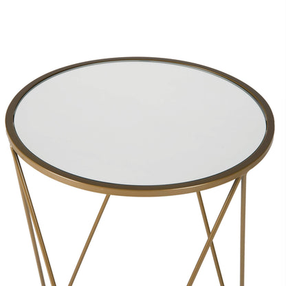 Metal Accent Table Triangle Base Round Mirror Top, Gold