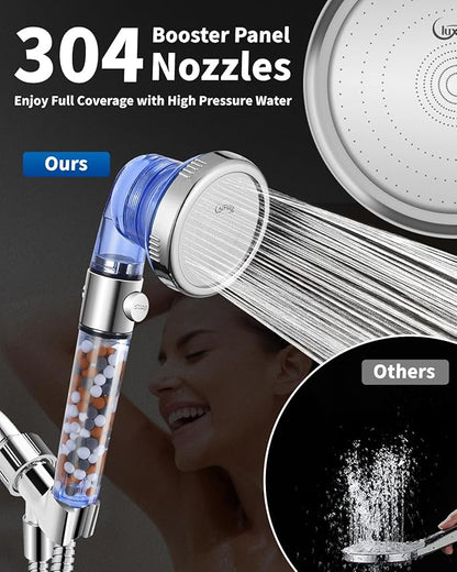 Luxsego Filtered Shower Head for Hard Water with Stop, High Pressure 4-Mode Shower Heads Built-in Power Spray to Clean Corner, Tub & Pets, Water Softener Handheld Shower to Remove Chlorine & Fluoride