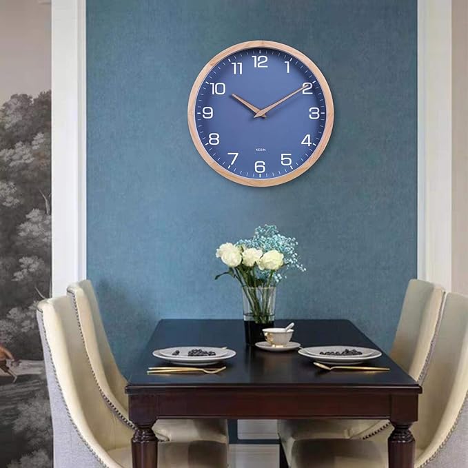 Kesin Wall Clock 12 Inch Silent Non Ticking Wood Wall Clocks Battery Operated - Wooden Blue Modern Simple Clock Decorative for Kitchen,Living Room,Bedroom,Kid’s Room
