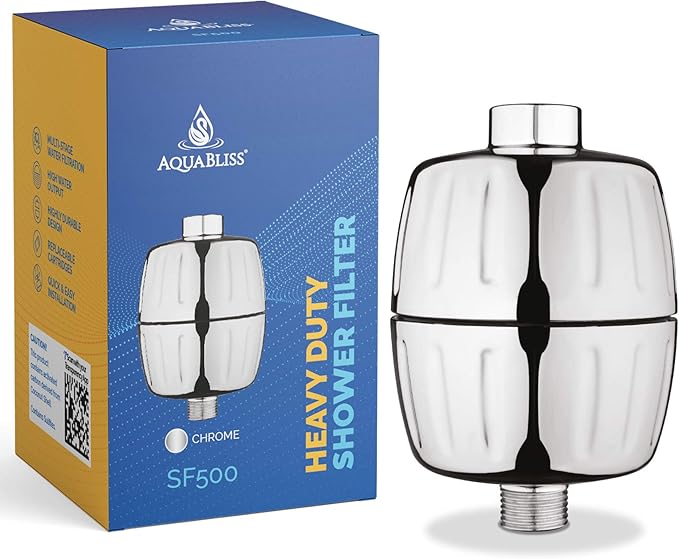 AquaBliss Heavy Duty Shower Filter – Latest Superior Advanced 30x Filtration - Universal Multi-Stage Shower Head Filter Reduces Chemicals, Chlorine & Odors - Chrome (SF500)