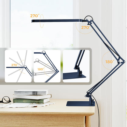LED Desk Lamp with Slim Base - Adjustable Swing Arm Desk Light, Dimmable, Timer, Eye Protection, Memory Function, 1300LM, 12W, Blue