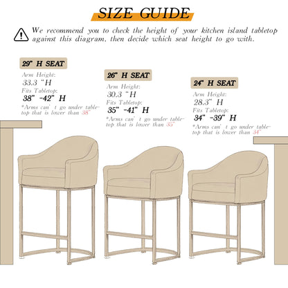 Counter Height Bar Stools Set of 2,Modern Counter Height Bar Stools,Fabric Upholstered Barrel Barstools with Backs,26'' Kitchen Island Chairs,Metal Gold Frames,Off White Linen