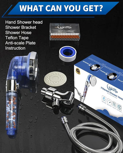 Luxsego Filtered Shower Head for Hard Water with Stop, High Pressure 4-Mode Shower Heads Built-in Power Spray to Clean Corner, Tub & Pets, Water Softener Handheld Shower to Remove Chlorine & Fluoride