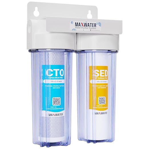 Max Water 2 Stage (Sediment, Odor & Improving Taste) Whole House 10 inch, Standard Water Filtration System - Clear Housing - Sediment + Carbon Block Filter - ¾ Inlet/Outlet
