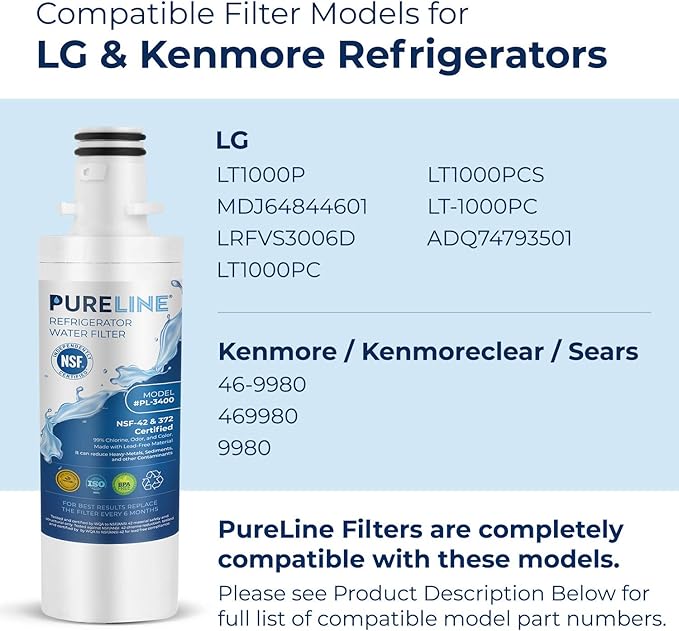 Pureline LT1000PC Refrigerator Water Filter Replacement for LG LT1000P, ADQ747935, MDJ64844601, Kenmore 46-9980 and LT120F Air Filter (3 Pack)