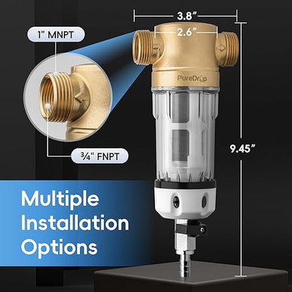 PureDrop PDR-50WSP Spin Down Sediment Filter, Reusable Whole House Sediment Water Filter for Well Water, 50-Micron Flushable Prefilter Filtration System with Scraper, 1" MNPT + 3/4" FNPT