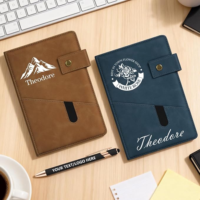 ENOMY Personalized Notebook & 10 PC Pens Set A5 Notebook with Ribbon Bookmark PU Leather Custom Notebook Cover for College Graduation Birthday Business Gifts, Black