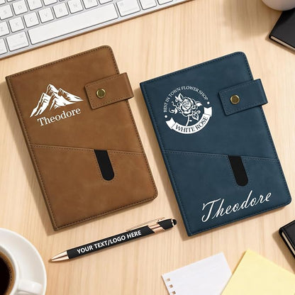 ENOMY Personalized Notebook & 10 PC Pens Set A5 Notebook with Ribbon Bookmark PU Leather Custom Notebook Cover for College Graduation Birthday Business Gifts, Black
