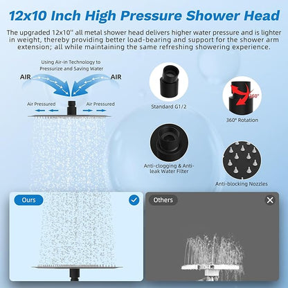 Hibbent cUPC Certified All Metal 12" Rainfall Showerhead Combo, High Pressure Shower Head with 10-Sprays Handheld, Innovative 4-way Diverter with Pause Mode, 71'' Shower Hose and Holder, Matte Black