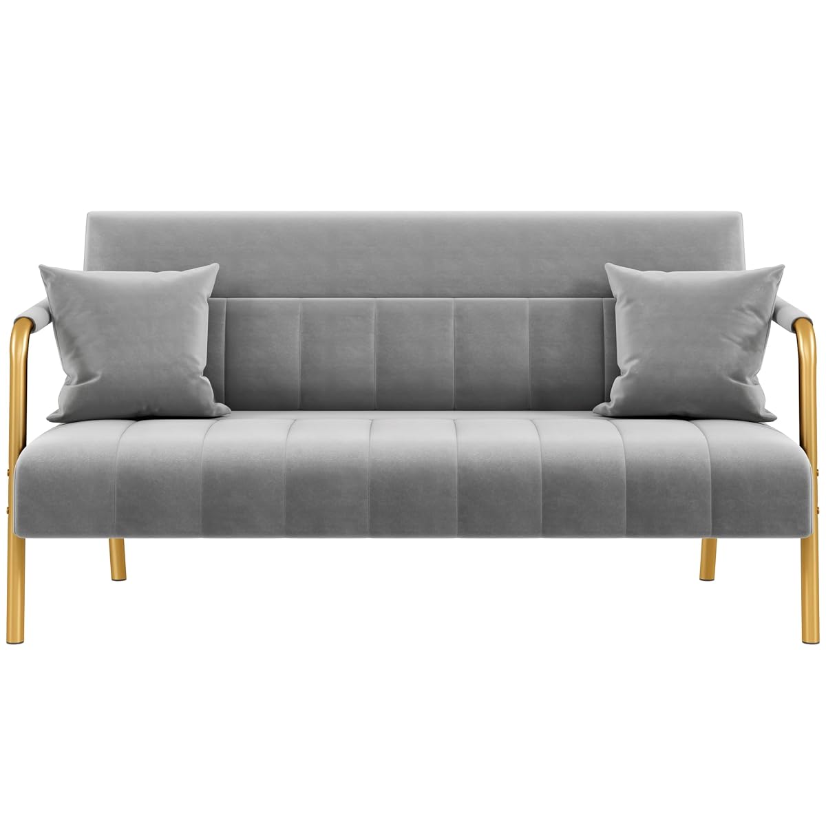 Yaheetech 56.5" W Modern Sofa Small Sofa Luxurious Velvet Fabric Couch with Gold-Tone Metal Arms and Legs for Living Room, Home Office, Studio Light Gray