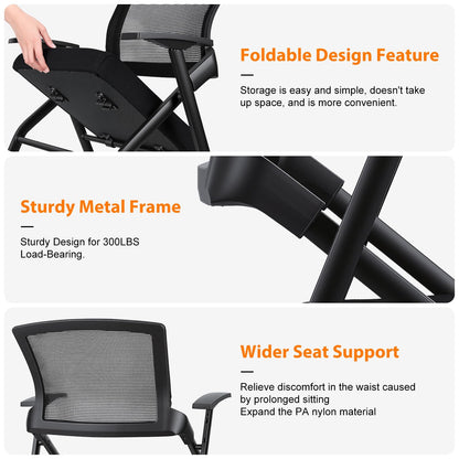 Ergonomic Foldable Office Chair with Breathable Mesh Back, Stackable Conference Chair - PU Wheels & Armrest for Guest, Meeting, Reception (Black)