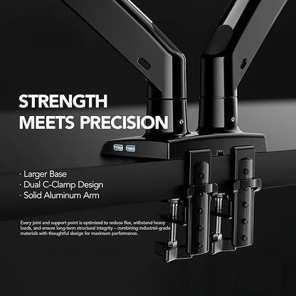 HUANUO NITROGLIDE™ Dual Monitor Stand for 13″–40″, Premium Dual Monitor Mount with USB, Height Adjustable Monitor Stand for 2 Monitors, VESA Mount with Clamp/Grommet Base, Holds 26.4lbs per Arm, HNDS7