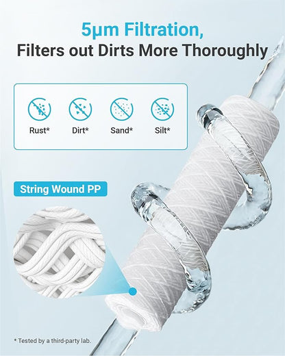 AQUA CREST 5 Micron 10"x2.5" String Wound Sediment Water Filter Cartridge for Well Water, Universal Replacement for Any 10 inch RO Unit, WP-5, Aqua-Pure AP110, CFS110, Culligan P5, WFPFC4002, 6Pack