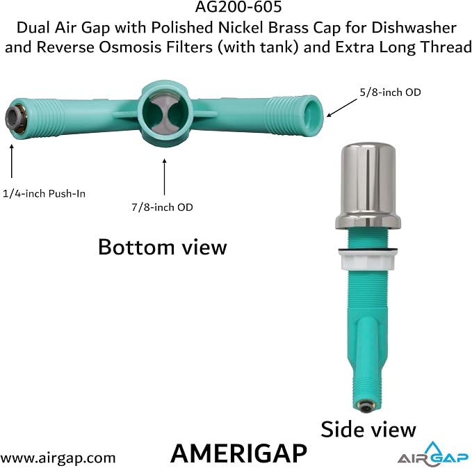 Dual Air Gap with Polished Nickel Brass Cap for Dishwasher and Reverse Osmosis Filters (with tank) and Extra Long Thread (AG200-605, AG200-X05, AMERIGAP)