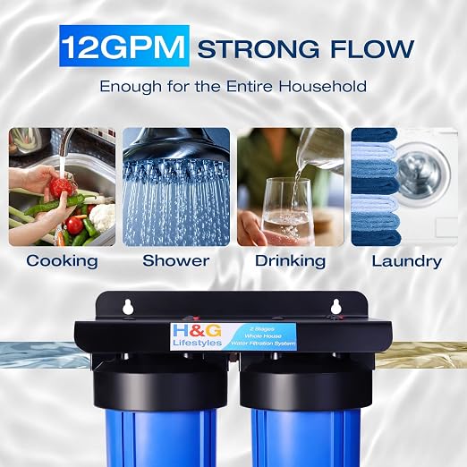 H&G Lifestyles 2-Stage Whole House Water Filtration System 50,000 Gallons | GAC KDF 58 Filter and PP Cotton Filter, Chlorine Odor Heavy Metal Lead Sediment Removal, Drinking Water Purification System