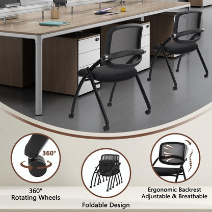 8PACK, Stackable & Foldable Chairs with Wheels, Reception Guest Chairs with Lumbar Support, Ergonomic Curved Mesh Back Folding Chair for Office Schools Conference Waiting Room, Black