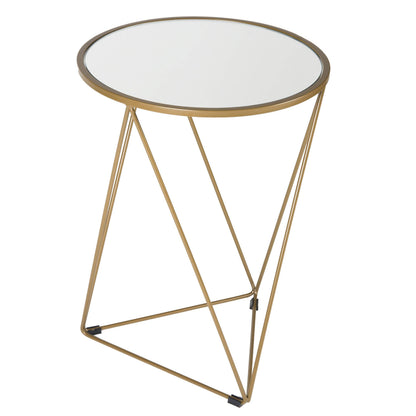 Metal Accent Table Triangle Base Round Mirror Top, Gold