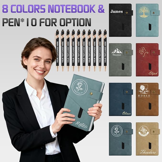 ENOMY Personalized Notebook & 10 PC Pens Set A5 Notebook with Ribbon Bookmark PU Leather Custom Notebook Cover for College Graduation Birthday Business Gifts, Black