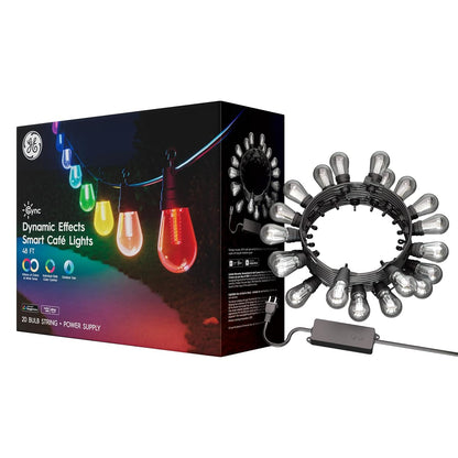 GE Dynamic Effects Smart Cafe Lights, Color Changing Patio String Lights, Compatible with Alexa and Google, 48ft