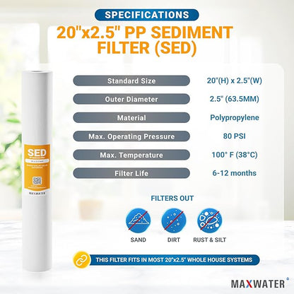 Max Water Slim Blue 5 Micron 20 inch x 2.5 inch Whole House Melt-Blown Polypropylene Sediment Water Filter Replacement Cartridge (Pack of 25)