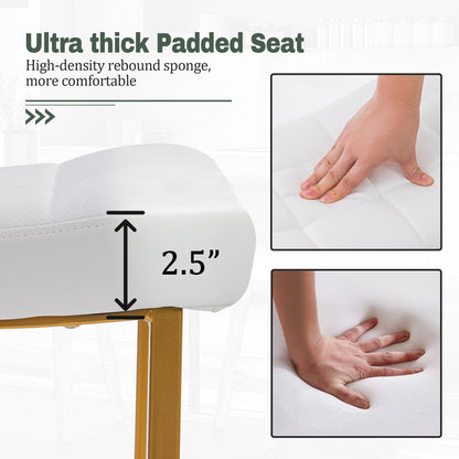White & Gold Counter Height Bar Stools Set of 2 for Kitchen Counter Backless Kitchen Island Barstools with Upholstered Faux Leather Seat and Gold Base Modern 24 inch Bar Chairs No Back