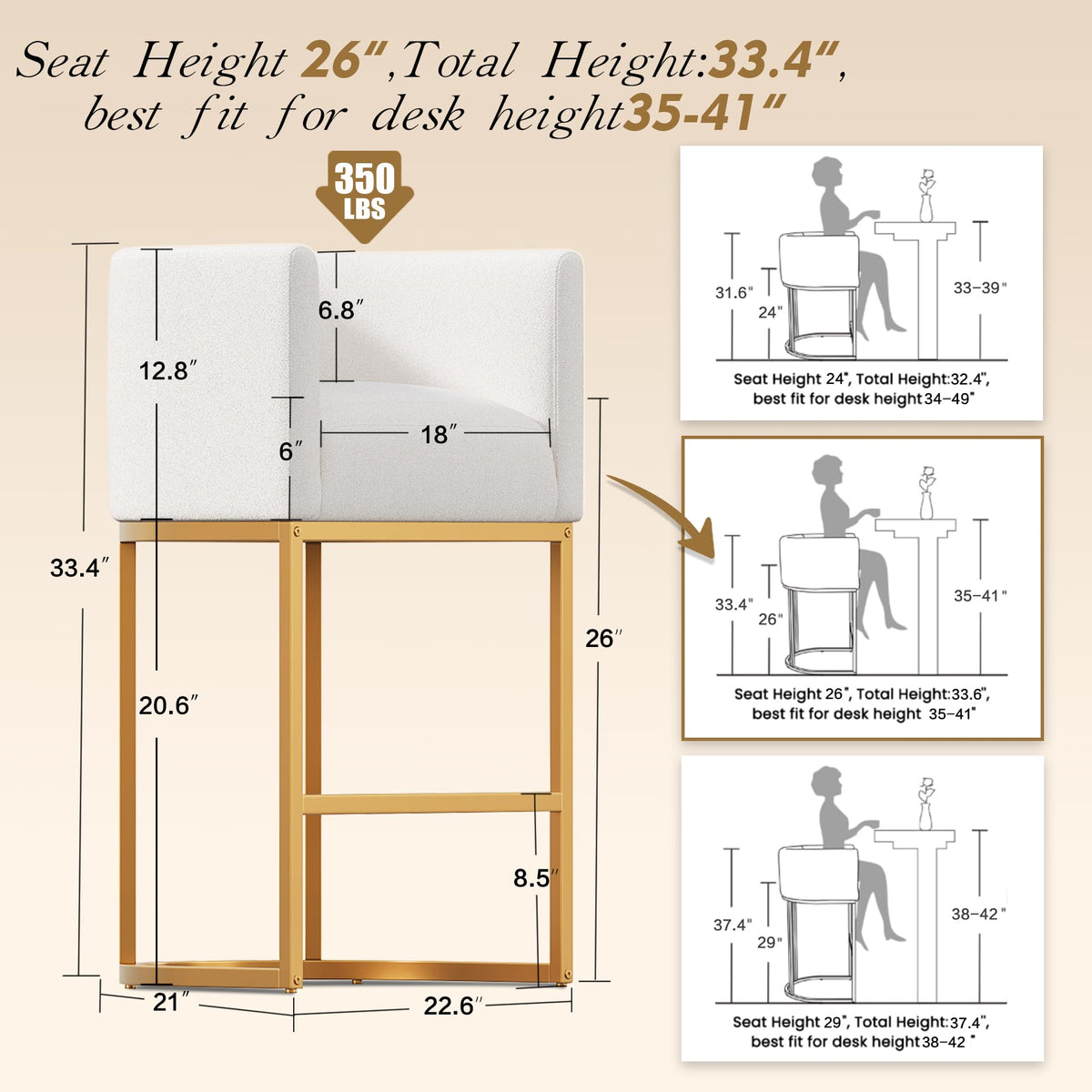 Modern Counter Height Bar Stools,Bar Stools Set of 2,Fabric Upholstered Barrel Barstools with Backs,26'' Kitchen Island Chairs,Metal Gold Frames,Off White Linen